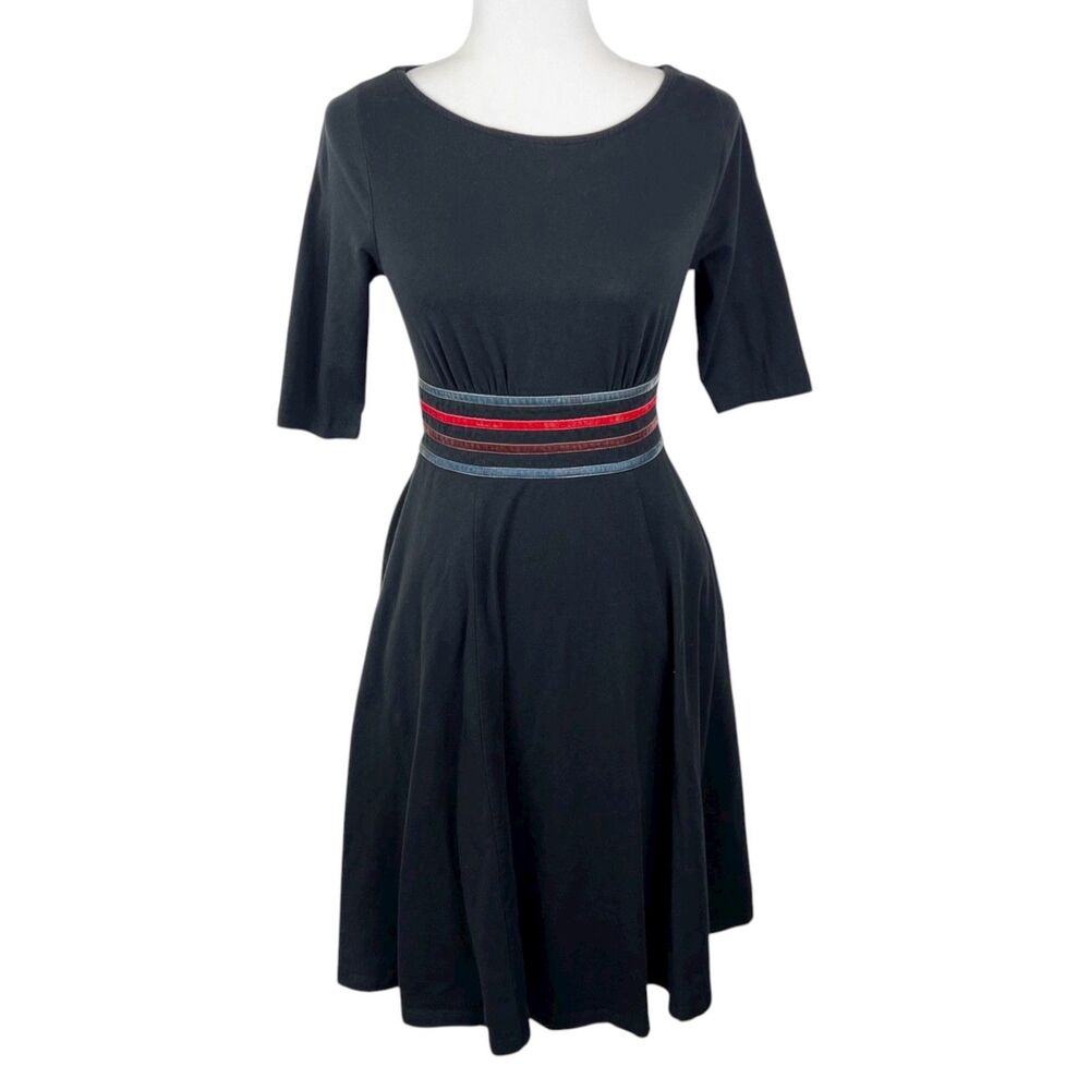 eShakti Dress Women 0 Black Short Sleeve Velvet Striped Casual Round Neck